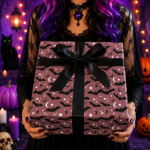 Gothic Mauve Roze Vleermuizen Sterren Maan Patroon Cadeaupapier