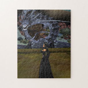 Gothic meisje en grijze draak puzzle legpuzzel