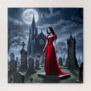 Gothic meisje, in een vloeiende rode jurk - Jigsaw Legpuzzel