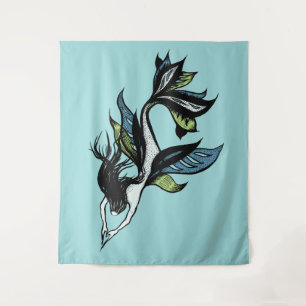 Gothic Mermaid Beauful Blue Green Ink Tekening Wandkleed