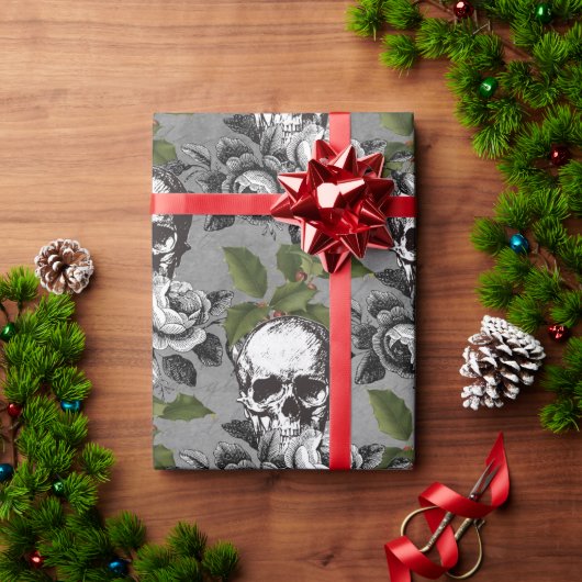 Gothic Mistletoe, Rozen en skull Kerstmis  Cadeaupapier (Feestdagen Geschenken)