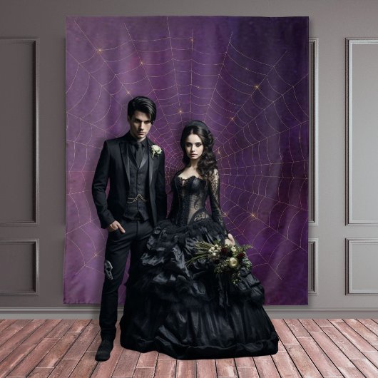 Gothic Moody Damask Zwart & Paarse gouden spinnenw Wandkleed