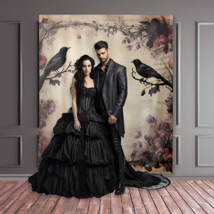Gothic Moody Zwart Ravens & Roze Rozen Wandkleed