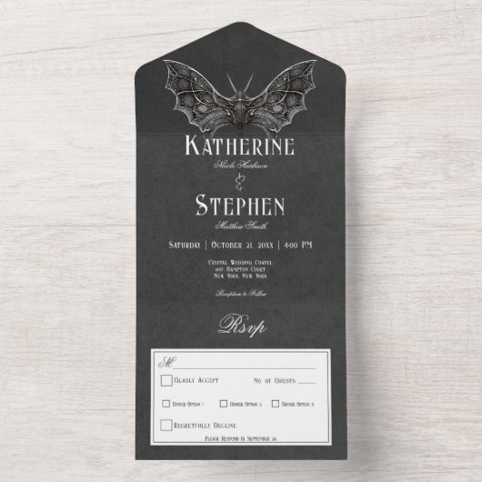 Gothic Moth Moody Zwart & Wit Diner All In One Uitnodiging (Binnen)