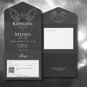 Gothic Moth Moody Zwart & Wit QR Code All In One Uitnodiging