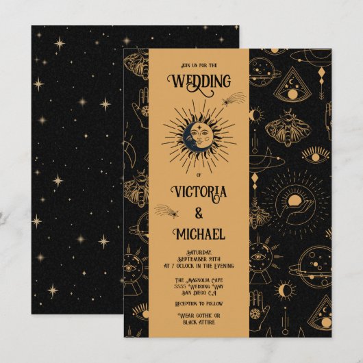 Gothic Mystical Moon Stars Moth Dark Wedding Invit Kaart (Voorkant / Achterkant)