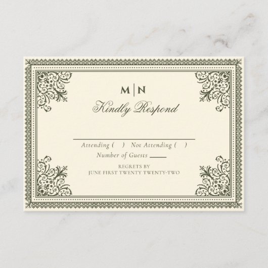  Gothic Olive Green Victoriaans Wedding RSVP Informatiekaartje (Voorkant)