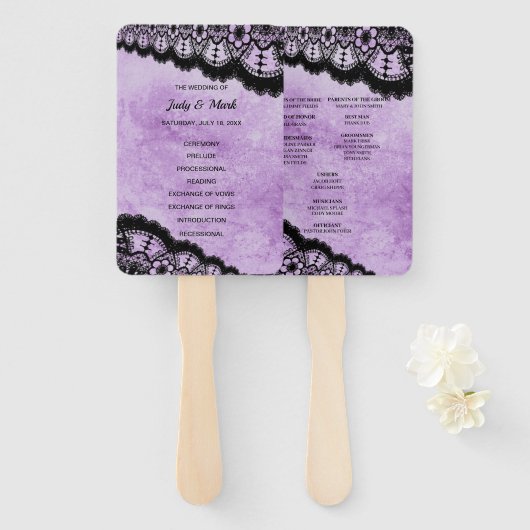 Gothic Paars Grunge Black Lace Wedding Programme Handwaaier (Voorkant en achterkant)
