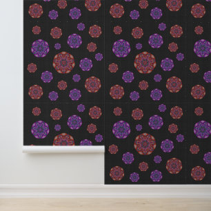 Gothic Paarse en Oranje Fan Mandala's op Donkergri Behang