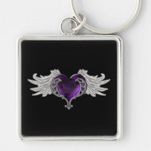 Gothic Paarse Hart met Angel Wings Sleutelhanger