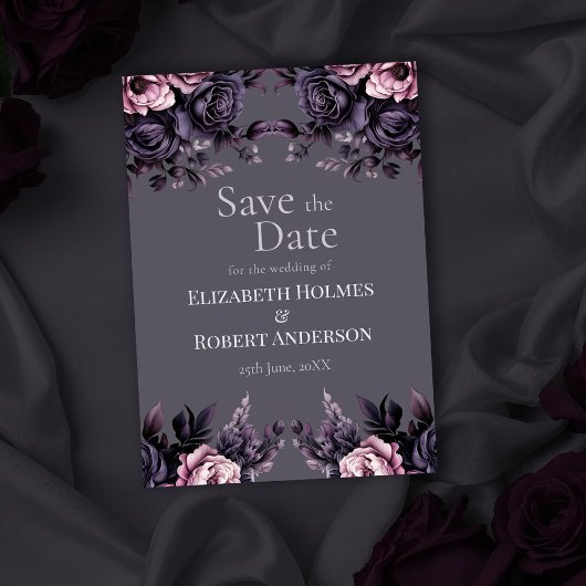 Gothic Plum Floral Save the Date Kaart