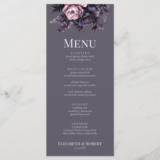 Gothic Plum Floral Wedding Menu (Devant)