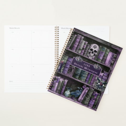 Gothic Purple Bookshelf Skull Personalized Planner (Display)