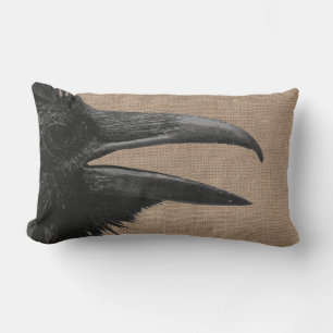 Gothic Raven Bird & Faux Burlap Kussen