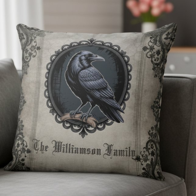 Gothic Raven Black  Kussen (Personalized vintage black raven pillow)
