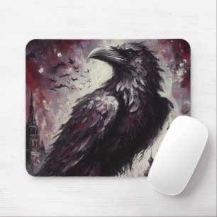 Gothic Raven Crow Bird Schilderij Zwart Grijs Muismat