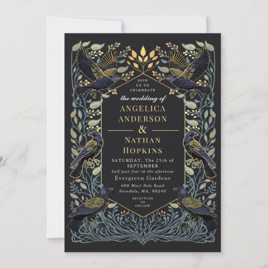 Gothic Raven Floral Wedding Kaart (Voorkant)