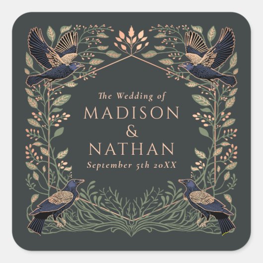 Gothic Raven Floral Wedding Vierkante Sticker (Voorkant)