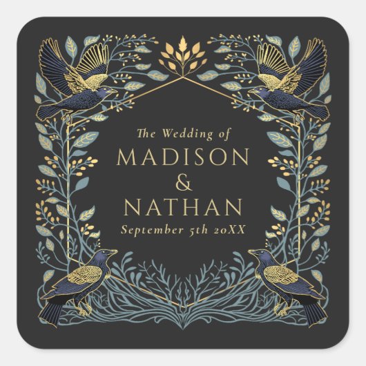 Gothic Raven Floral Wedding Vierkante Sticker (Voorkant)