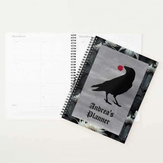 Gothic raven holding red rose planner klantgericht (Display)