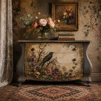 Gothic Raven & Paarse Wilde Bloemen Decoupage Tiss Tissuepapier