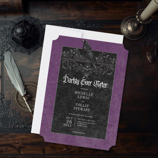 Gothic Raven Purple Darkly Ever After Wedding Kaart