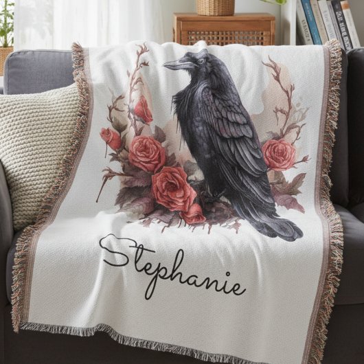 Gothic Raven Rose Throw Blanket Deken