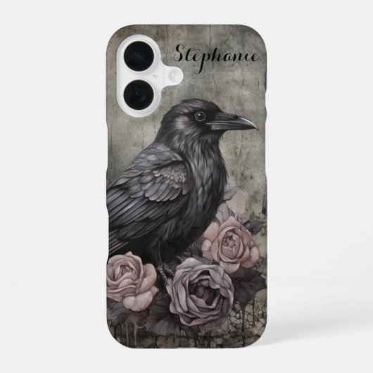 Gothic Raven with Roses Dark iPhone 16 Hoesje (Achterkant)