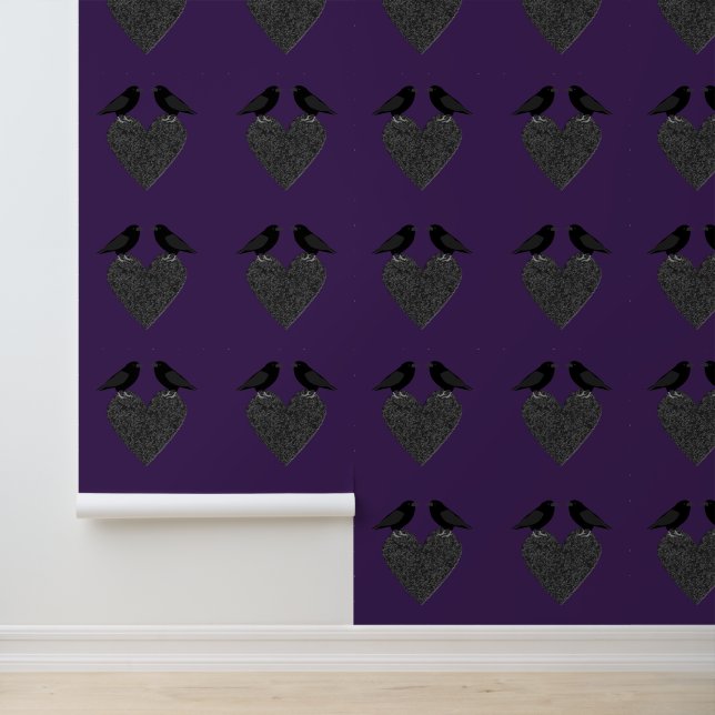 Gothic Ravens and Black Heart Patterned Behang (Applicatie)