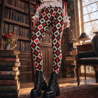 Gothic Red and Black Baroque Playing Card Suits Leggings