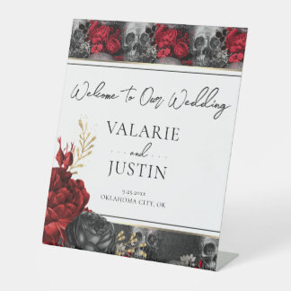 Gothic Red Black Floral Welcome Wedding Reclamebord Met Voetstuk
