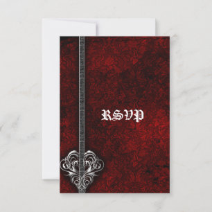 Gothic Red Damask Silver Heart bruiloft RSVP Kaartje
