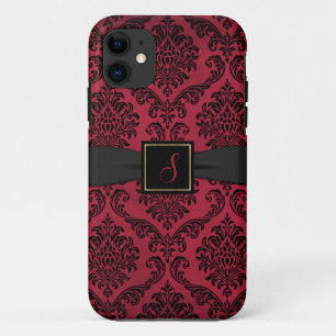 Gothic Red en Black Damask Monogrammed iPhone 11 Hoesje