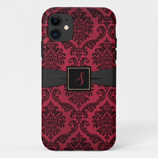 Gothic Red en Black Damask Monogrammed Case-Mate iPhone Case (Achterkant)