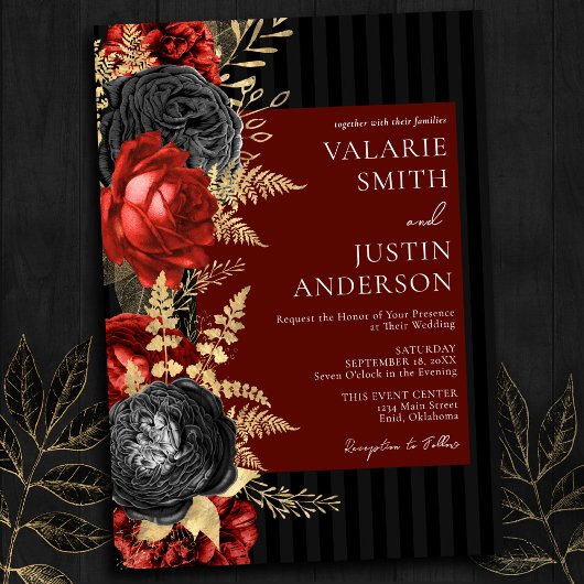 Gothic Red en Black Floral Wedding Kaart