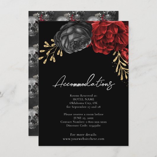 Gothic Red Floral Wedding Accommodding Enclosure Informatiekaartje (Voorkant / Achterkant)