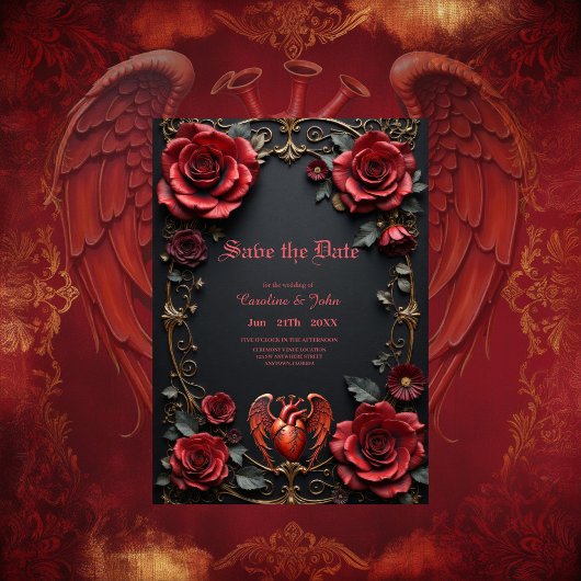 Gothic Red Heart with Roses – Dark Romantic Save The Date