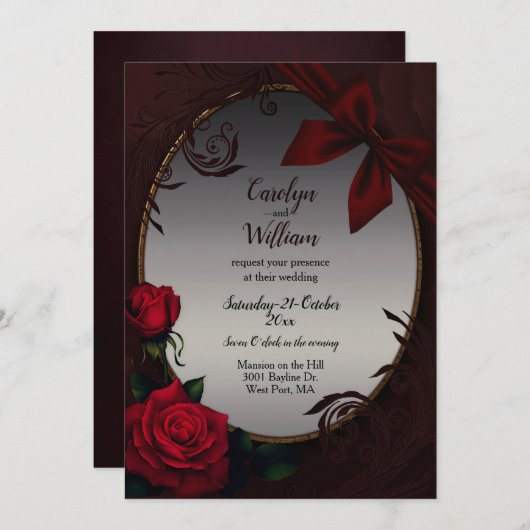 Gothic Red Roses and Bow Wedding Invitation Kaart (Voorkant / Achterkant)