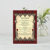 Gothic Red Silk and Gold Skulls Wedding Informatiekaartje (Staand voorkant)
