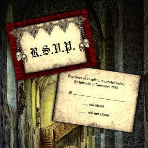 Gothic Red Silk and Gold Skulls Wedding RSVP Kaartje