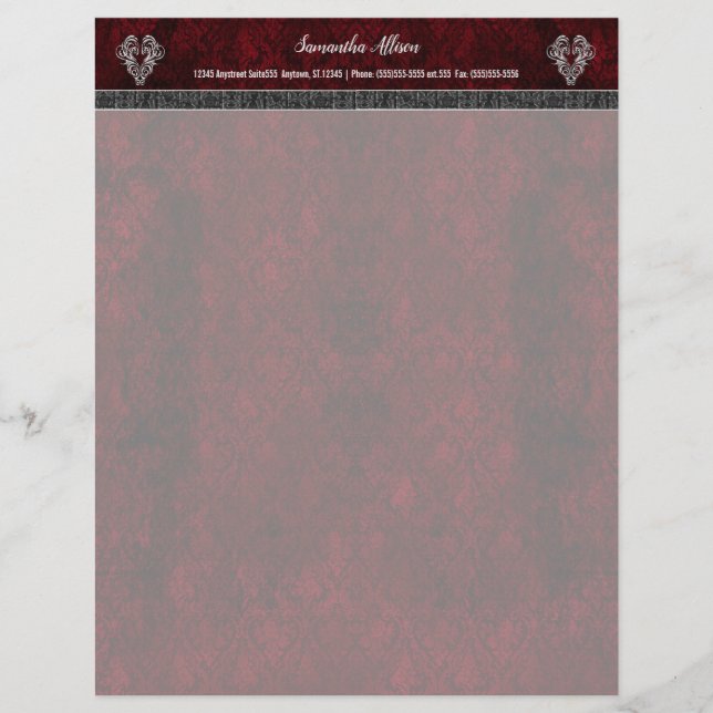 Gothic Red Silver Heart Damask Briefhoofd (Voorkant)