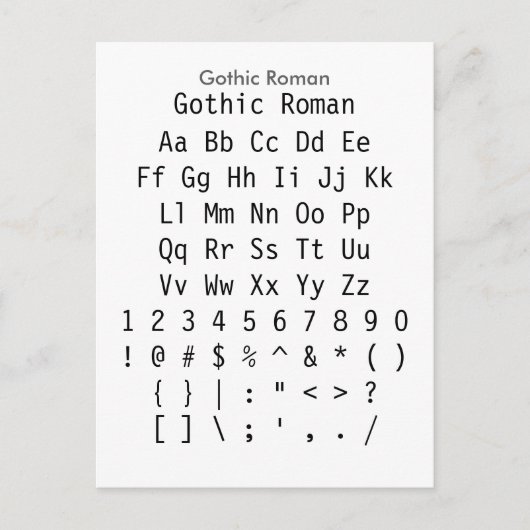 Gothic Roman - Zazzle Font Sampler Blad Briefkaart (Voorkant)