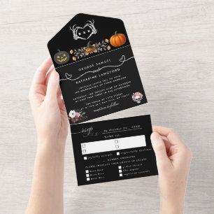 Gothic Romantic Skeleton Hand Halloween Huwelijk All In One Uitnodiging