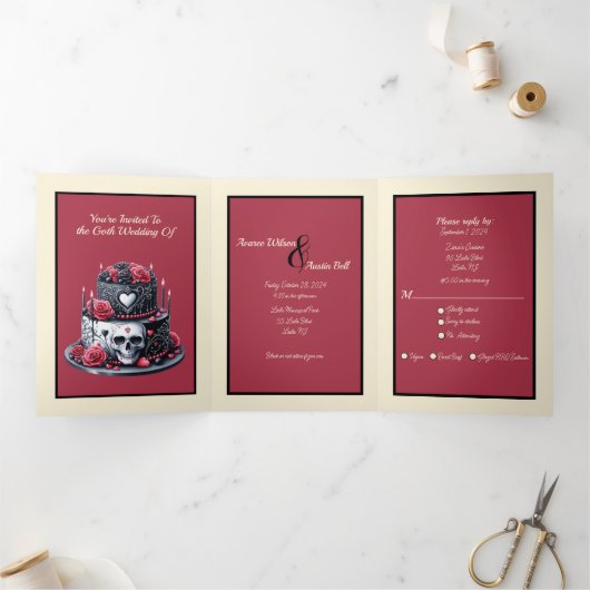 Gothic Rood en Zwart Trouwtaart Drieluik Uitnodiging (Binnen)