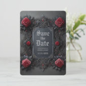 Gothic Rood Grijs Bloemen Huwelijk Save the Date (Staand voorkant)