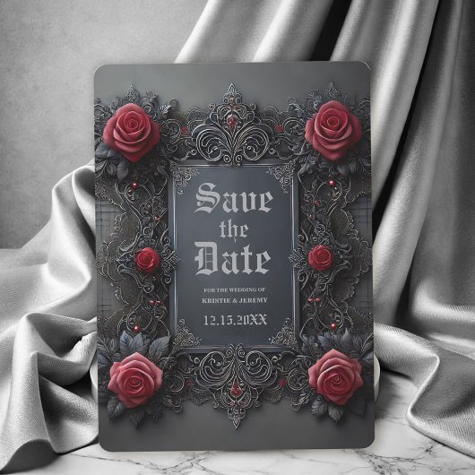 Gothic Rood Grijs Bloemen Huwelijk Save the Date