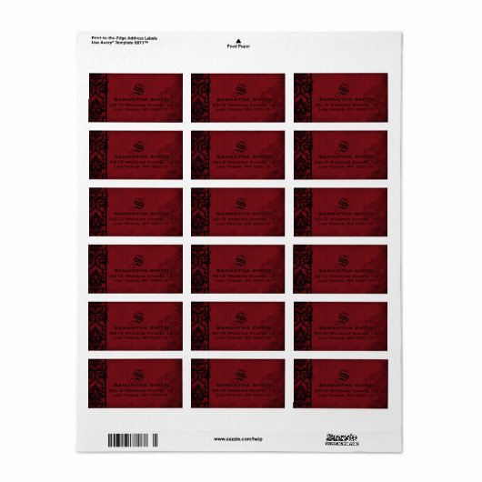Gothic Rood Zwart Damast Bruiloft Labels (Full Sheet)