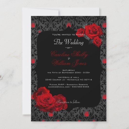 Gothic Roos Black and Red Wedding Invitation Kaart (Voorkant)