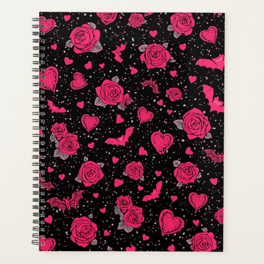 Gothic Roses & Bats Pattern | Hot Pink Dark Romanc Planner (Voorkant)