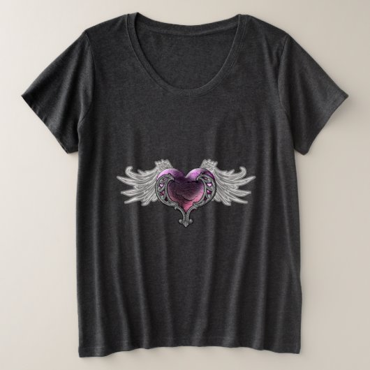 Gothic Roze hart met Angel Wings Grote Maat T-shirt (Design voorkant)